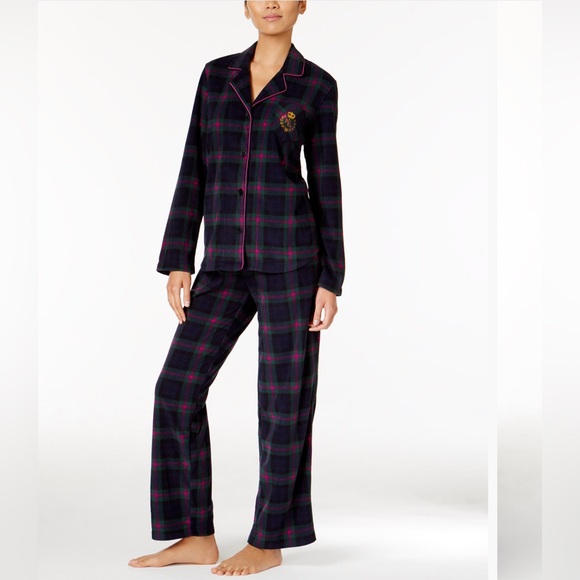 Ralph Lauren Plaid Fleece Pajama Set Purple and Green Size Medium - Picture 1 of 9